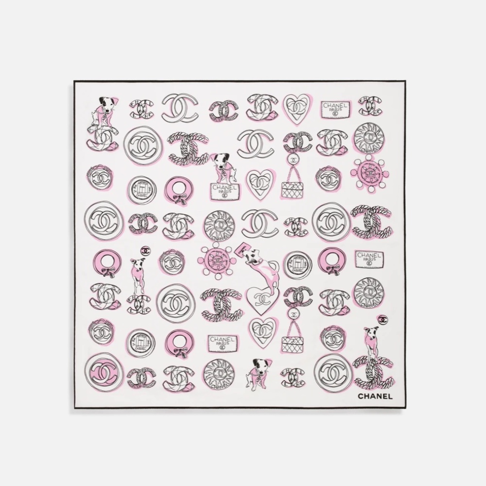 NEW Chanel 23P Puppy Dog CC Heart Charm 60 Square Silk Scarf Pink White Beige
